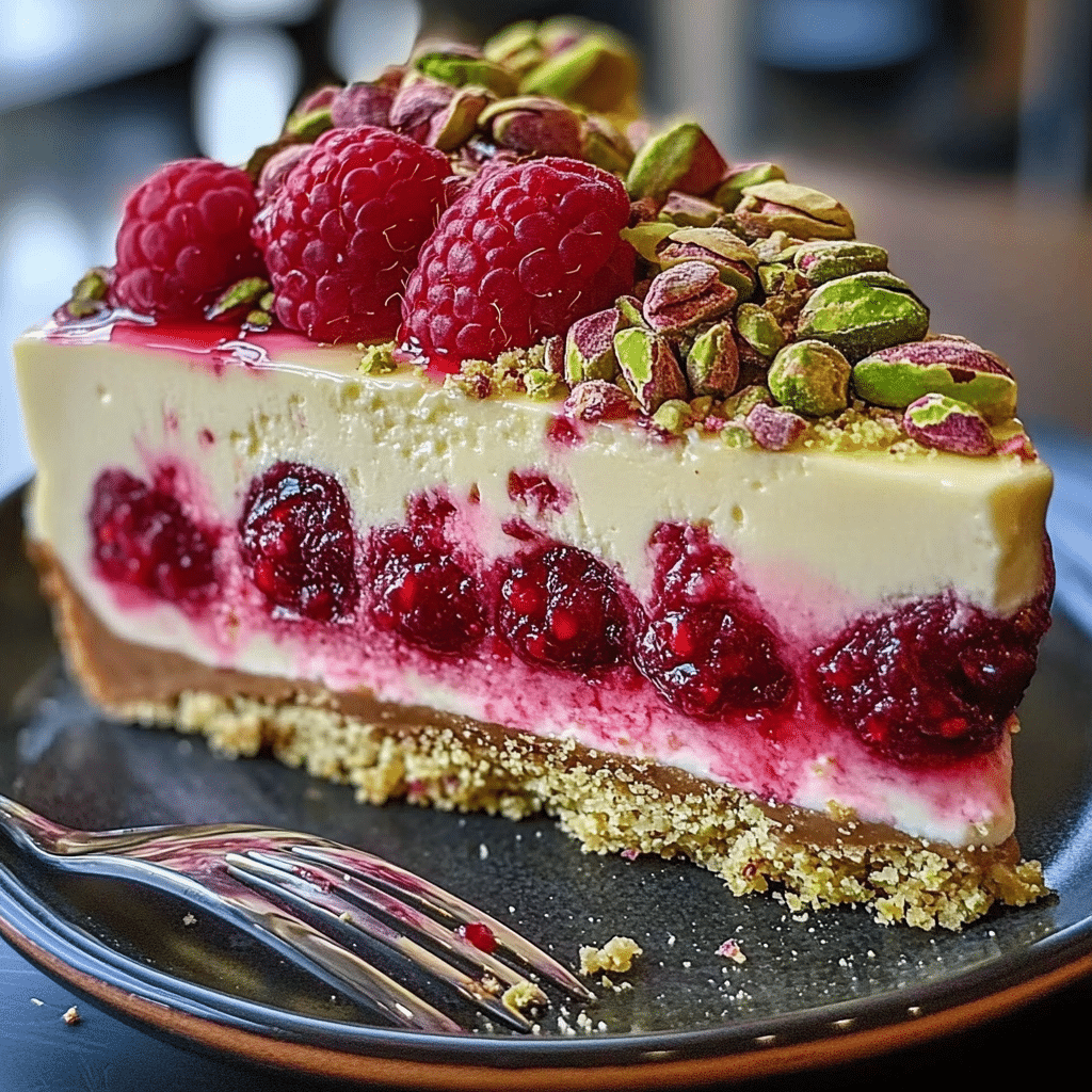 Pistachio Raspberry Crunch Cheesecake