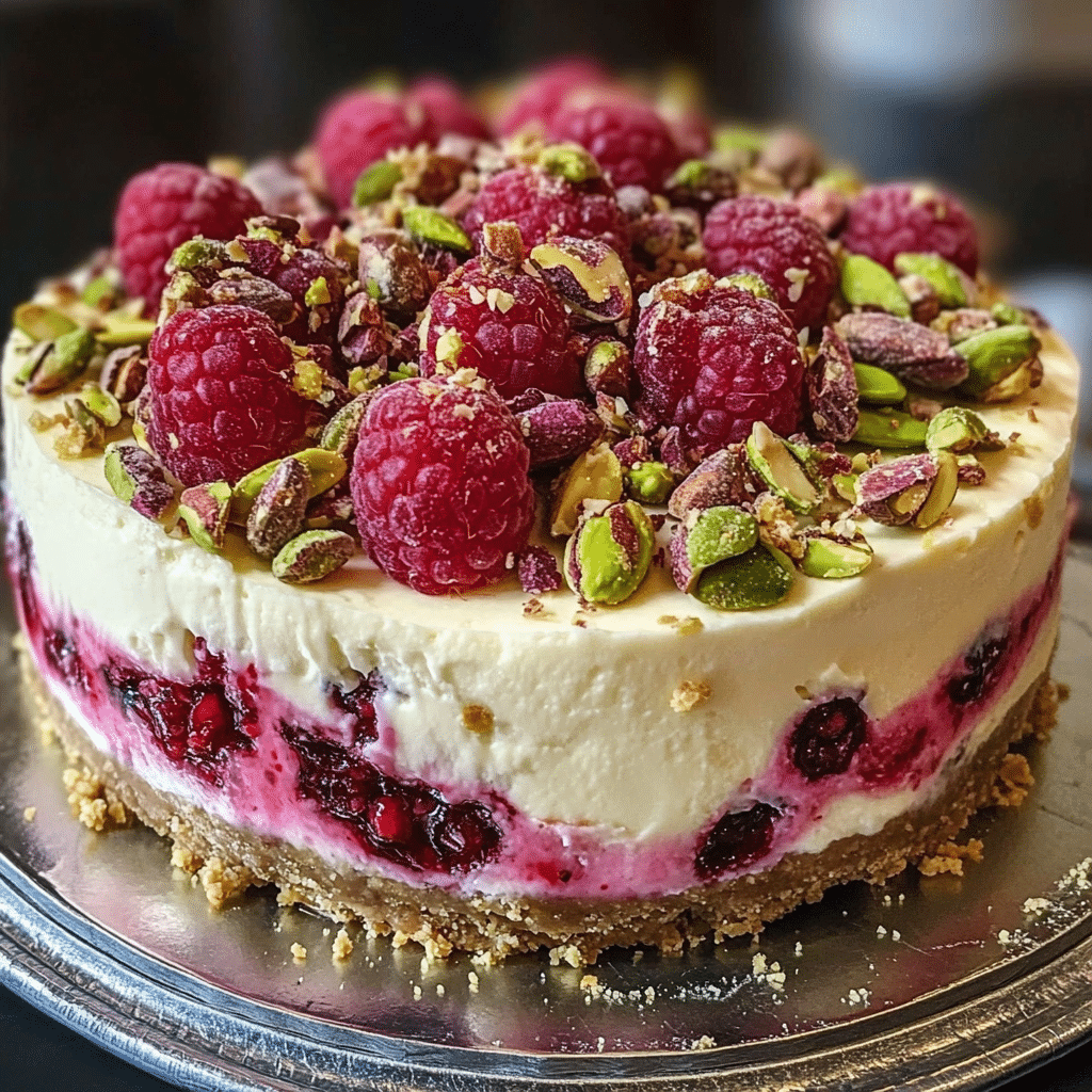 Pistachio Raspberry Crunch Cheesecake