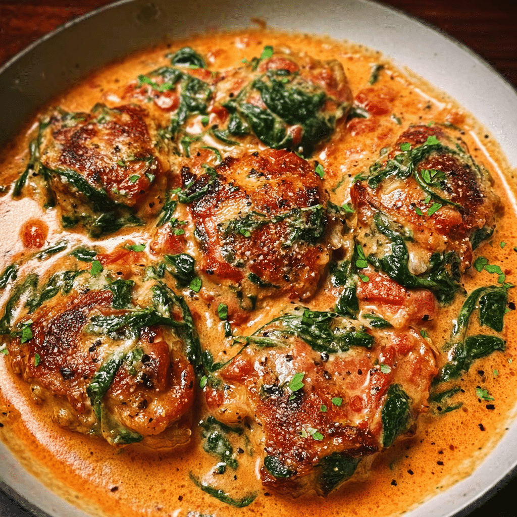 Chicken thighs with creamy tomato basil spinach sauce