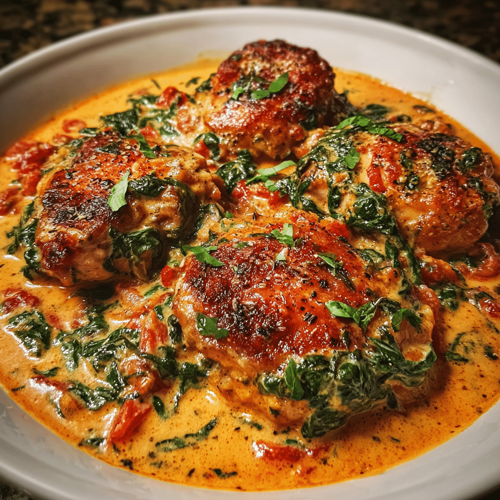 Chicken thighs with creamy tomato basil spinach sauce