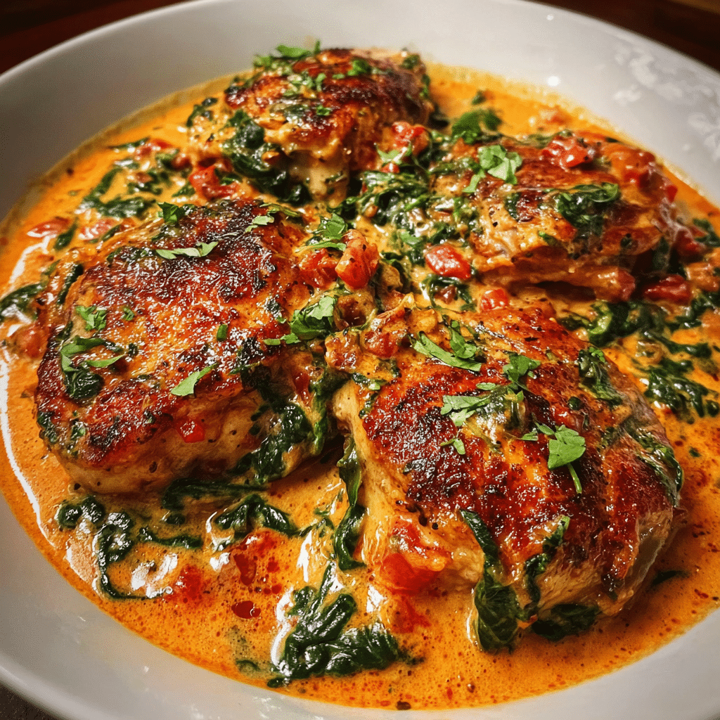 Chicken thighs with creamy tomato basil spinach sauce