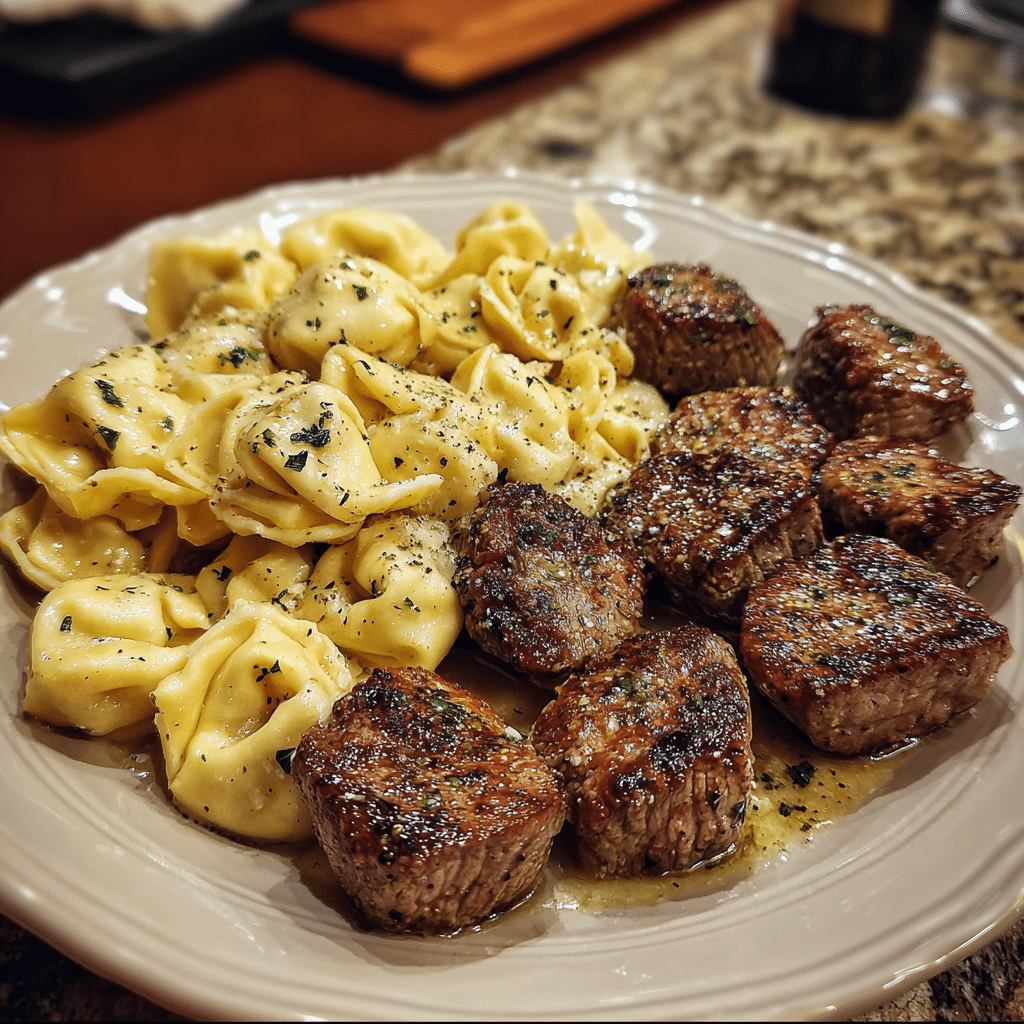 Garlic Butter Steak Bites with creamy Parmesan tortellini