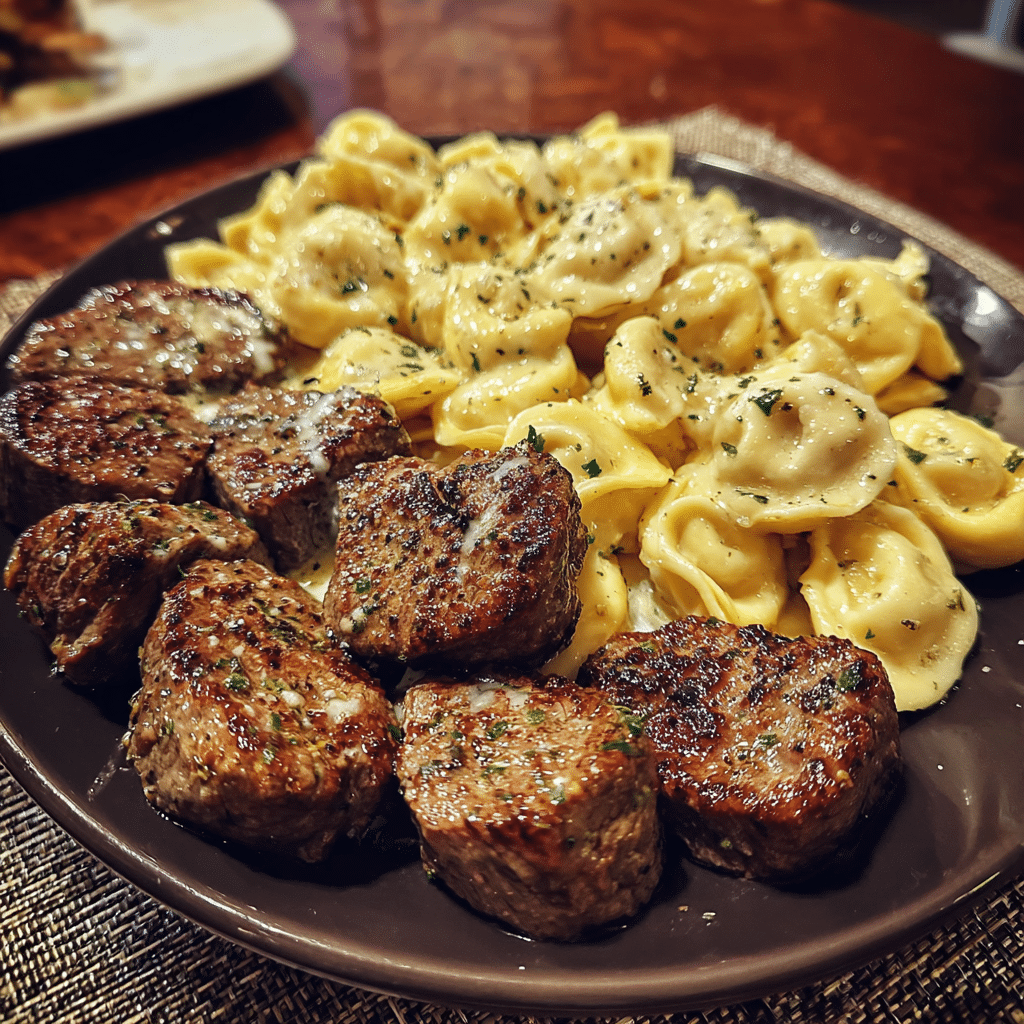 Garlic Butter Steak Bites with creamy Parmesan tortellini
