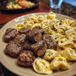 Garlic Butter Steak Bites with creamy Parmesan tortellini