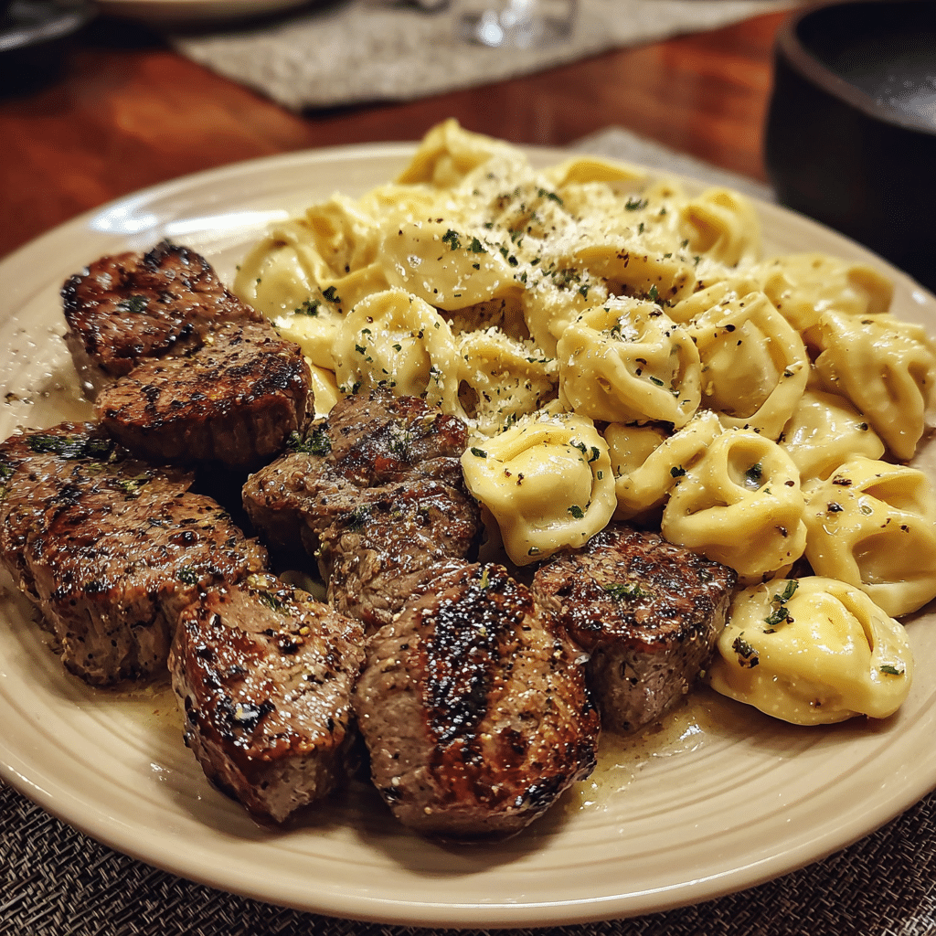 Garlic Butter Steak Bites with creamy Parmesan tortellini
