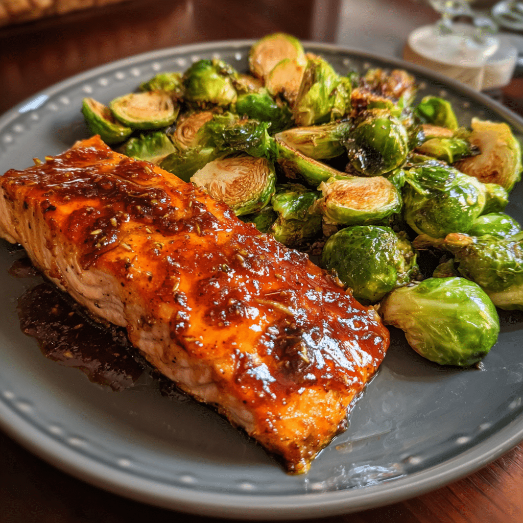 Maple-glazed salmon with roasted Brussels sprouts