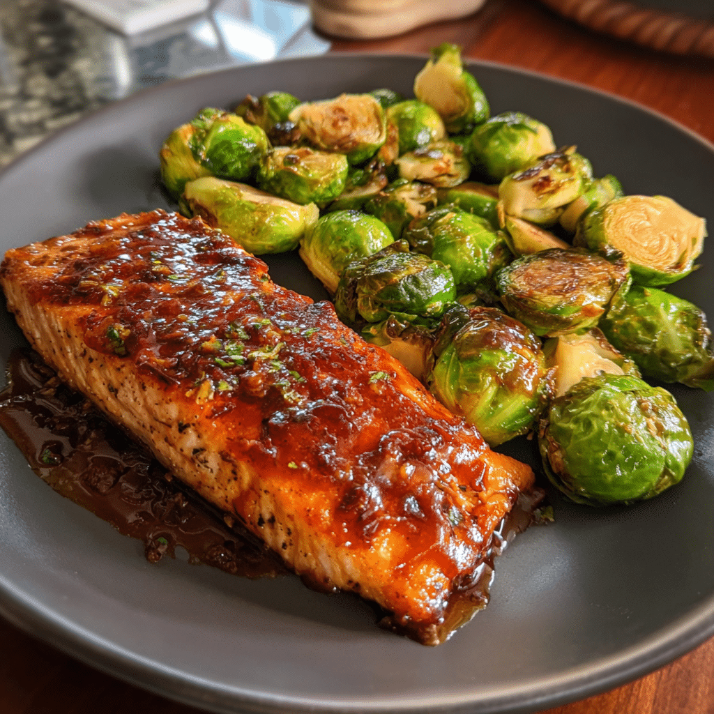 Maple-glazed salmon with roasted Brussels sprouts