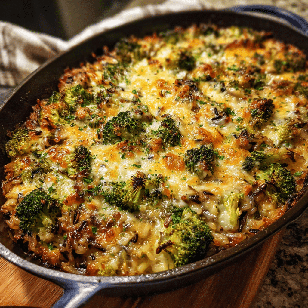 One Pan Wild Rice Cheesy Broccoli Casserole
