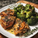 Pan chicken thighs with roasted broccoli