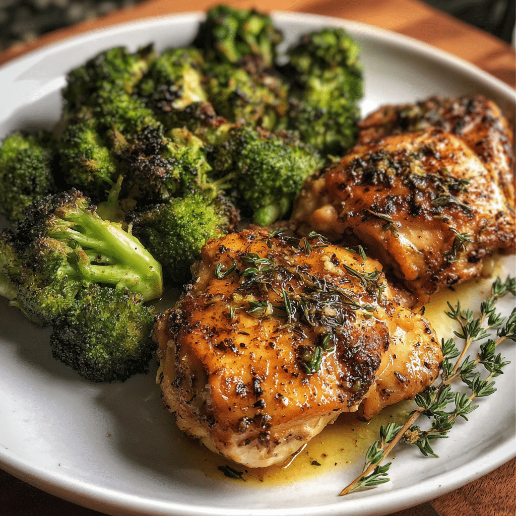 Pan chicken thighs with roasted broccoli