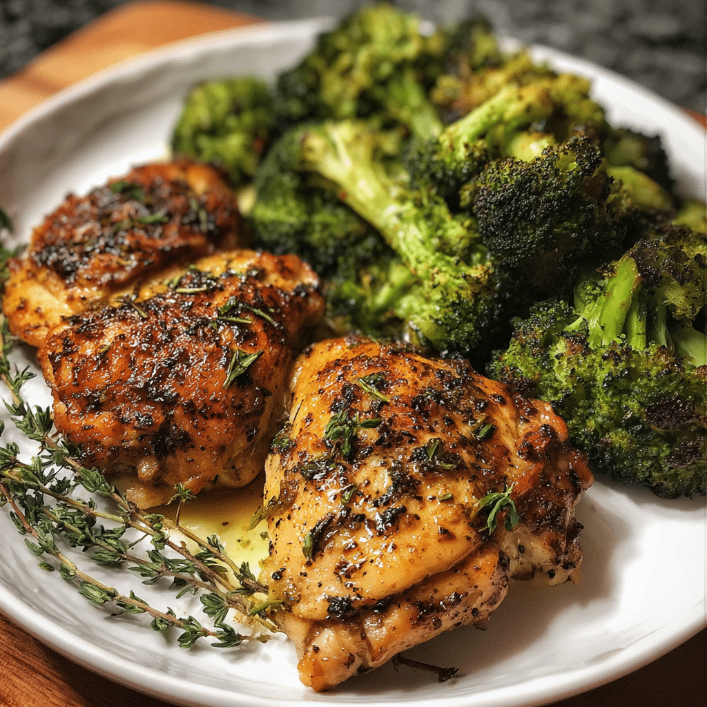 Pan chicken thighs with roasted broccoli