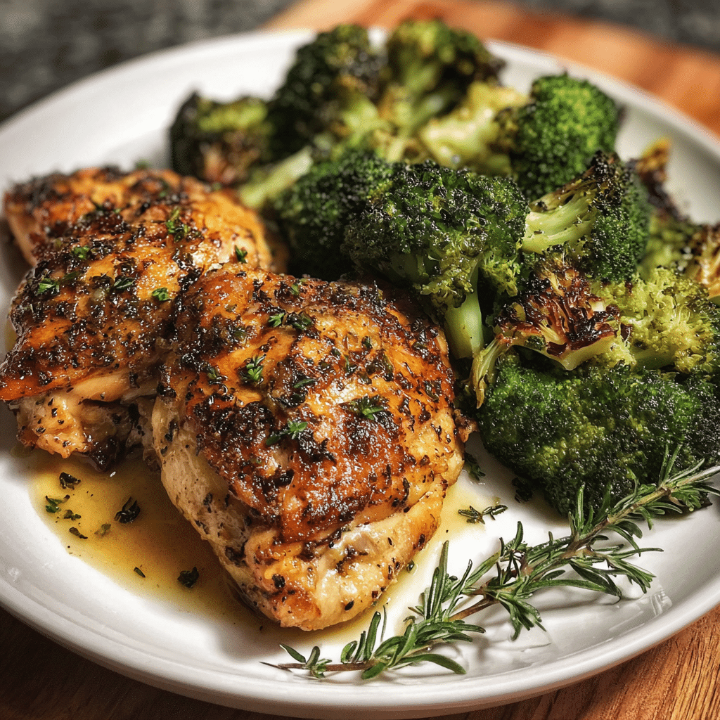 Pan chicken thighs with roasted broccoli
