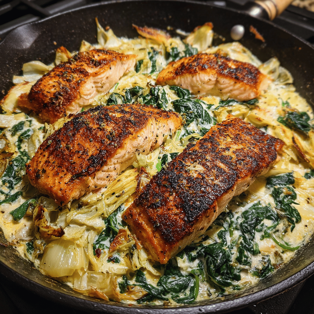 Spinach Artichoke Salmon Skillet