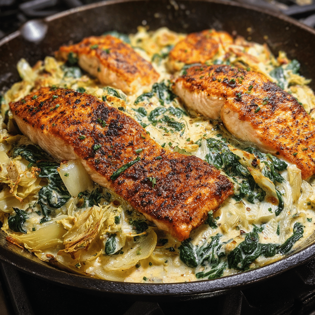 Spinach Artichoke Salmon Skillet