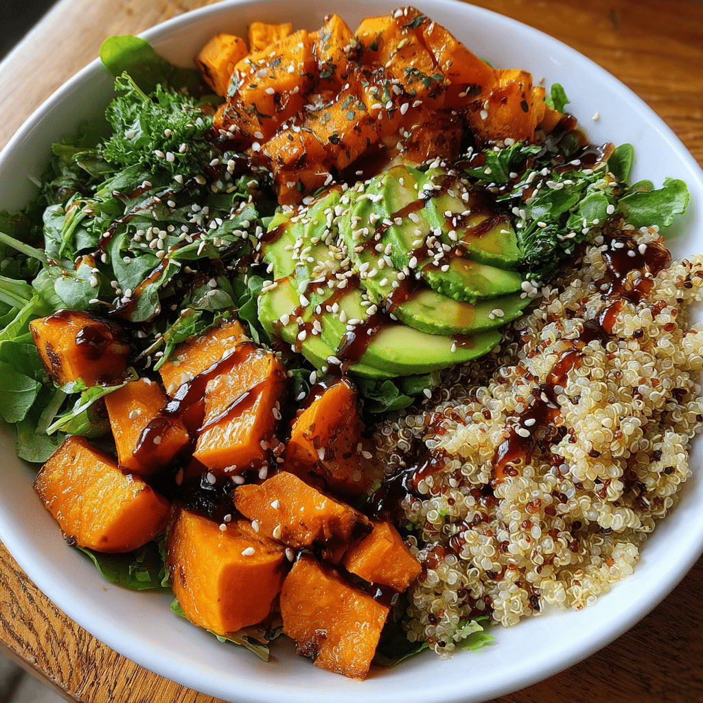 Sweet Potato and Quinoa Bowl with Avocado and Orange-Balsamic Dressing
