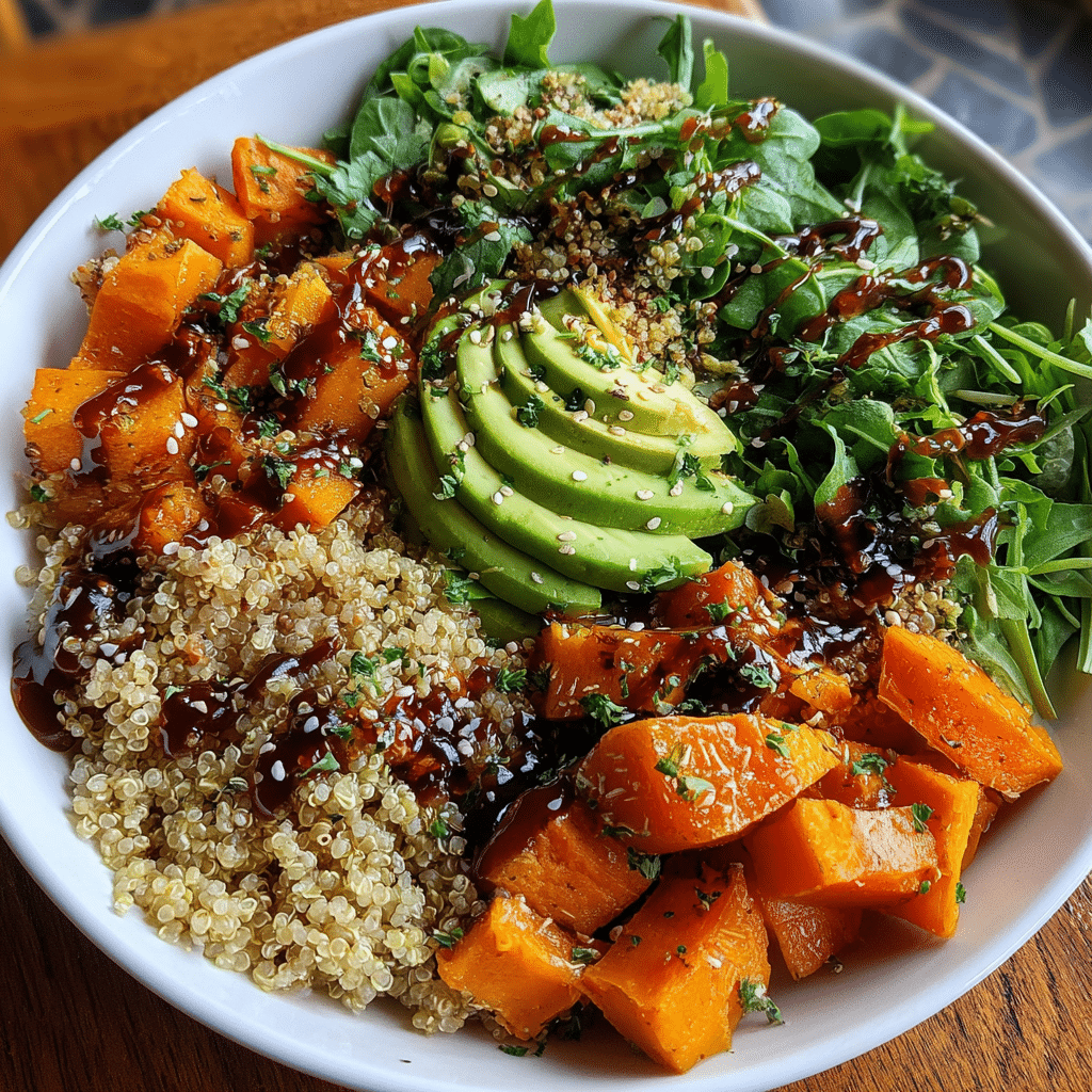 Sweet Potato and Quinoa Bowl with Avocado and Orange-Balsamic Dressing