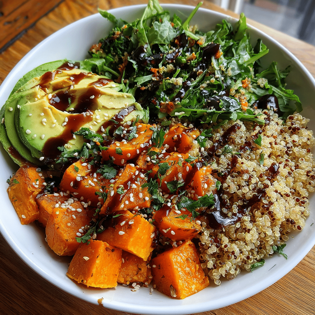 Sweet Potato and Quinoa Bowl with Avocado and Orange-Balsamic Dressing
