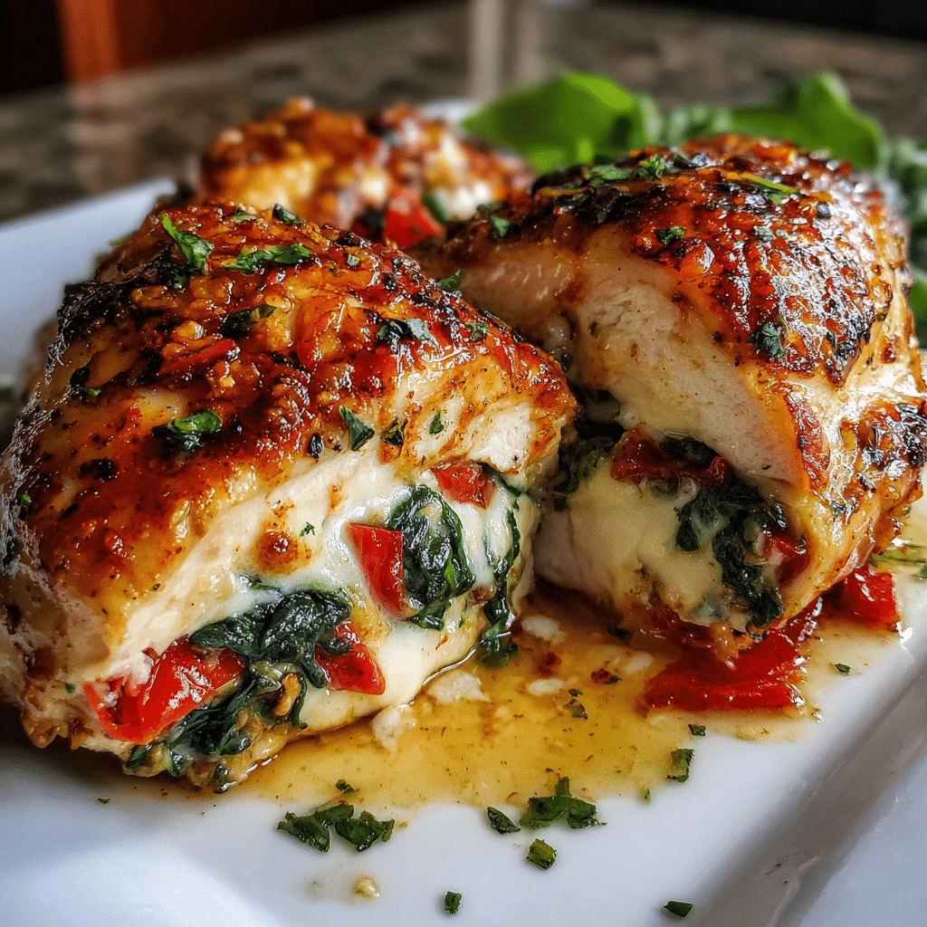 Roasted Red Pepper Spinach and Mozzarella Stuffed Chicken