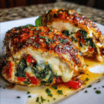 Roasted Red Pepper Spinach and Mozzarella Stuffed Chicken