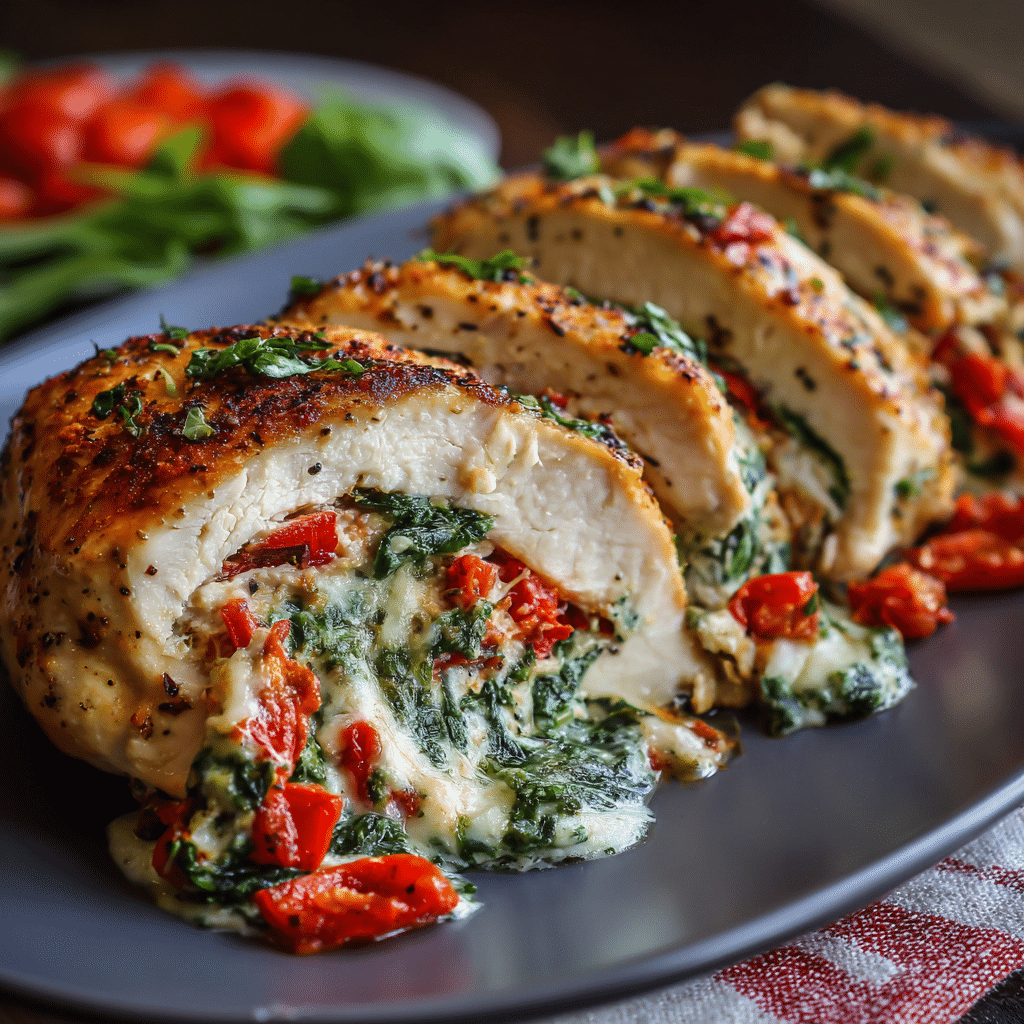 Roasted Red Pepper Spinach and Mozzarella Stuffed Chicken