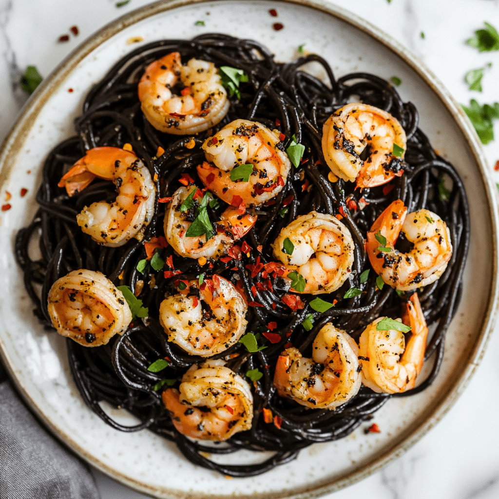 Vampire Pasta (Squid Ink Pasta with Garlic and Shrimp)
