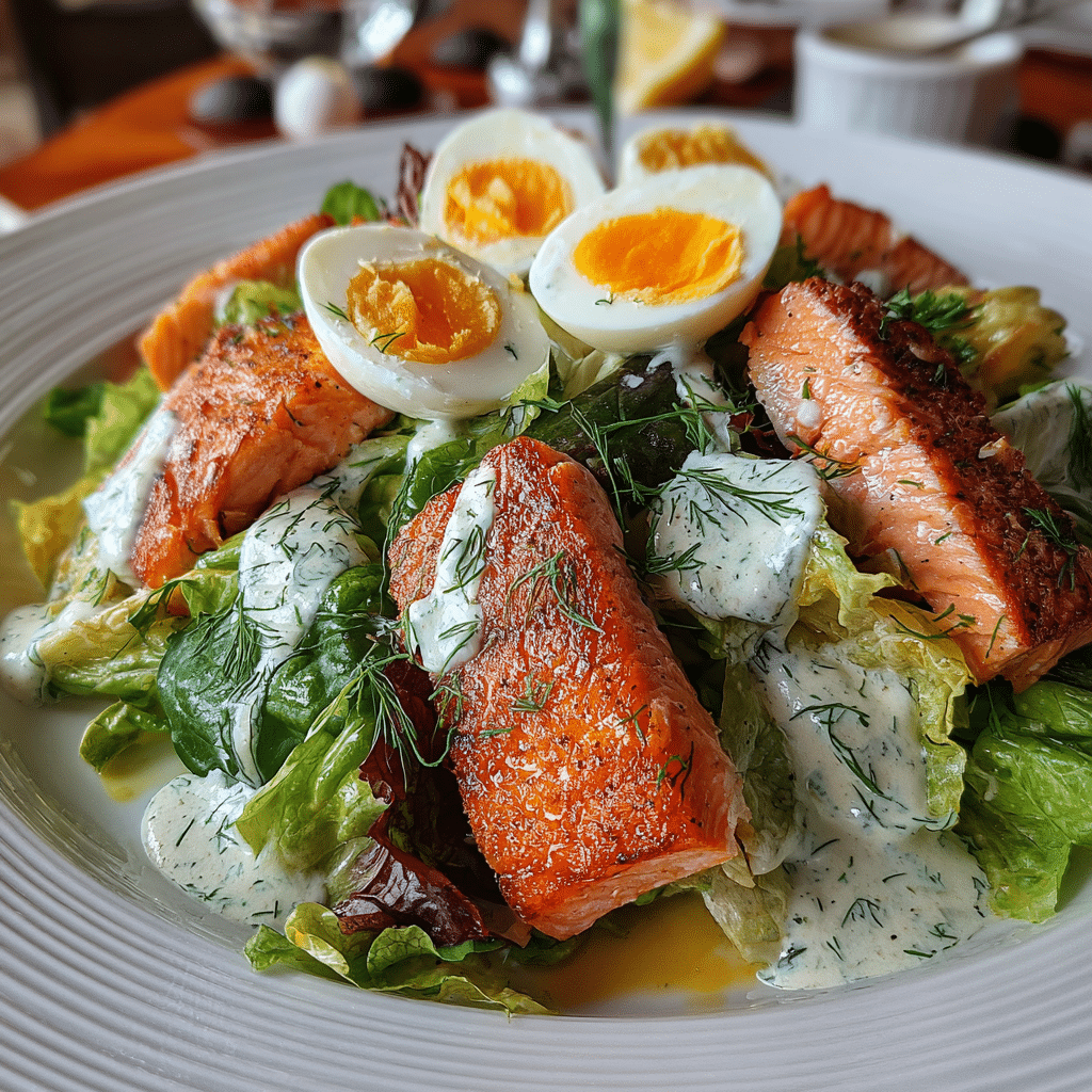 Salmon Caesar Salad With Hard Boiled Egg (33g Protein)