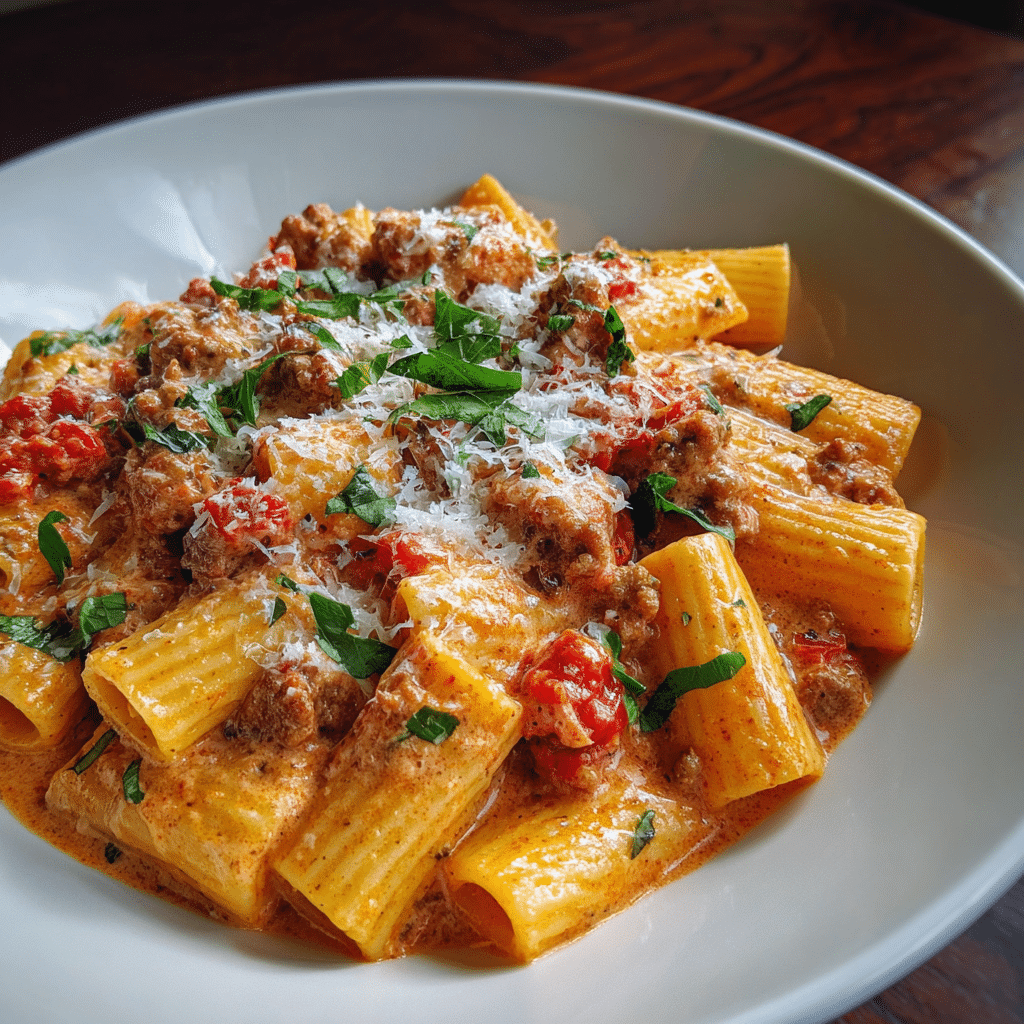 Creamy Sausage and Tomato Rigatoni