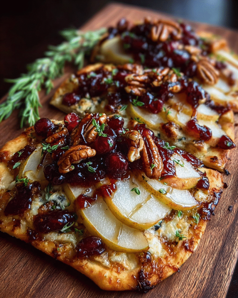 Crispy Flatbread Magic: Brie, Pear, and Cranberry Delight