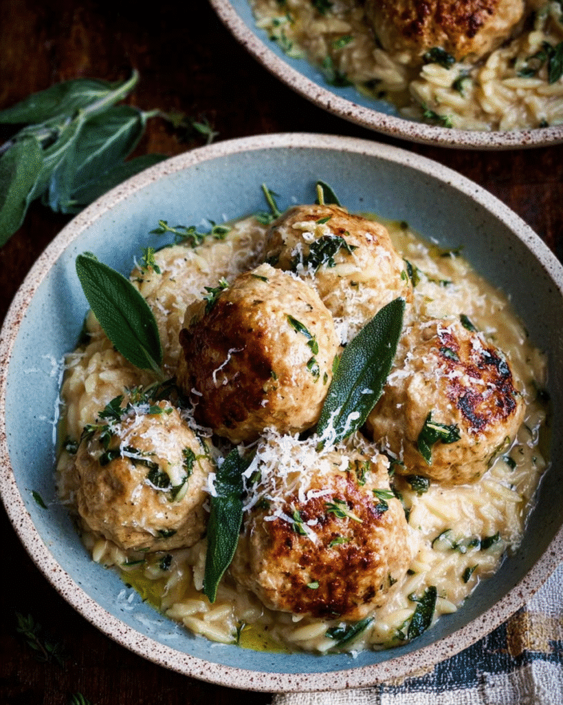 Baked Sage Chicken Meatballs: A Creamy Orzo Dream