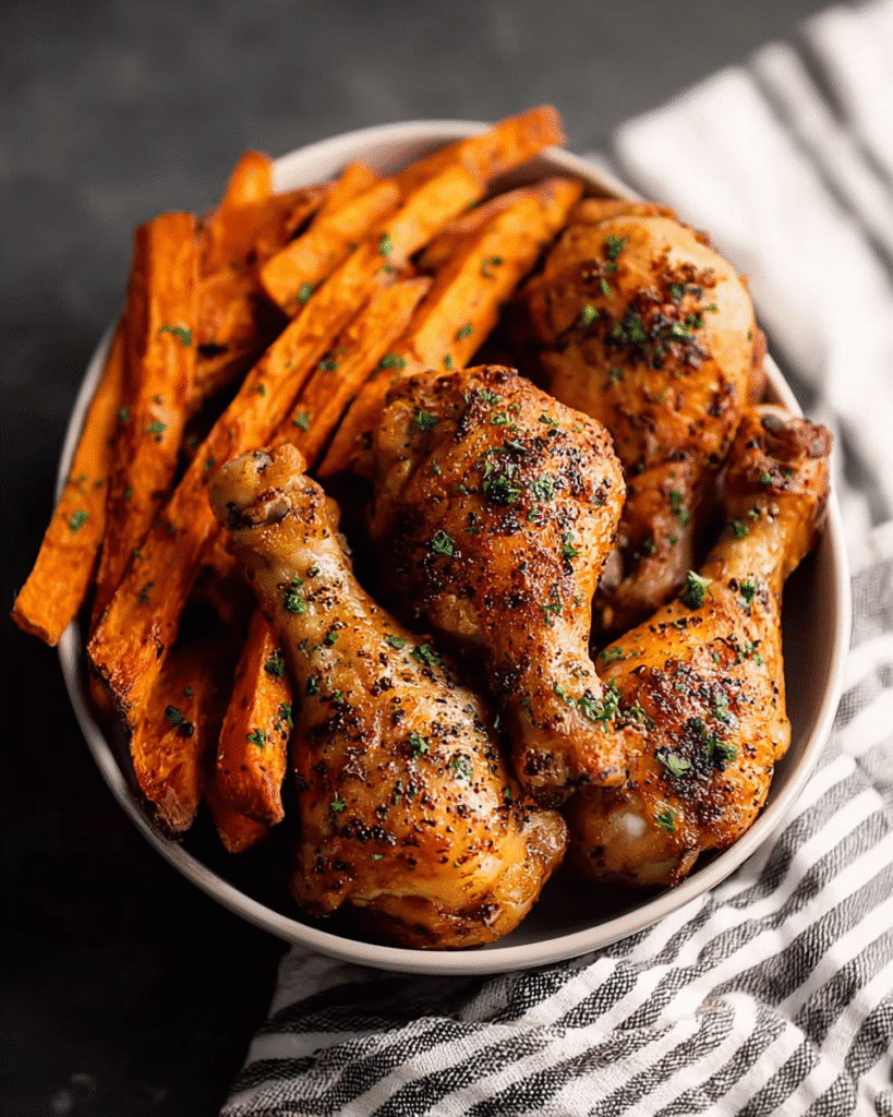 Baked Chicken Drumsticks: Crispy Sweet Potato Fries Delight!