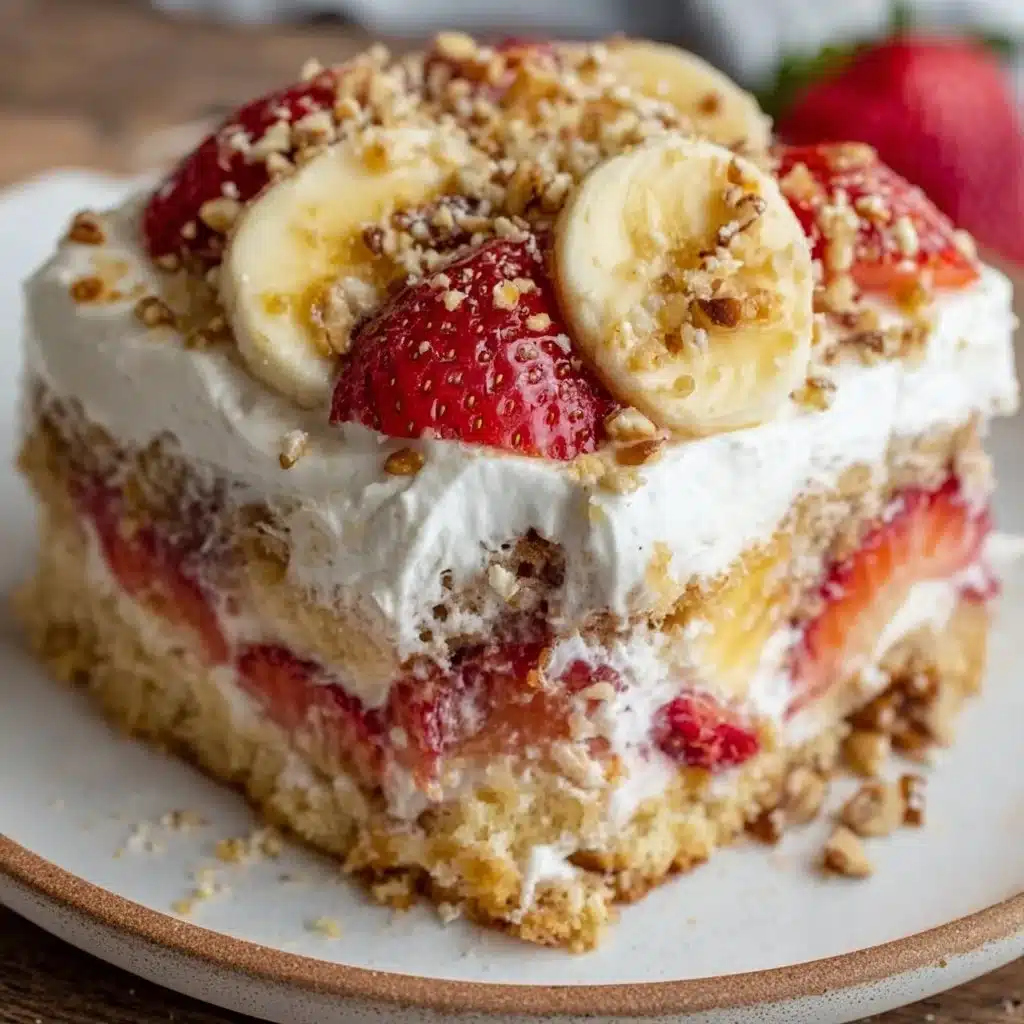 Delicious Banana Split Dump Cake served on a plate with toppings.