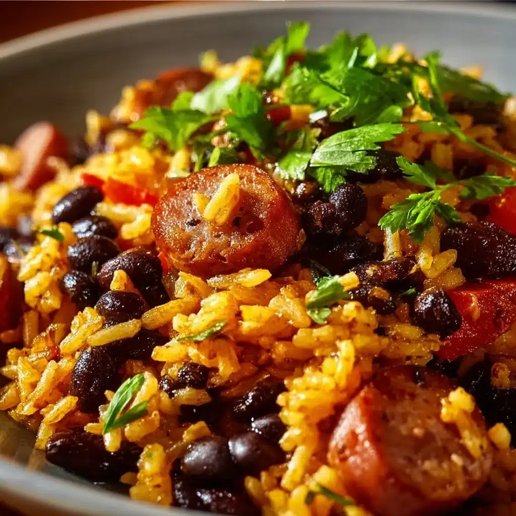 Delicious black beans and rice with sausage served in a bowl