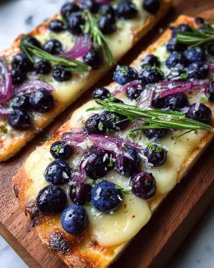 Blueberry brie flatbread topped with lemon zest and rosemary honey