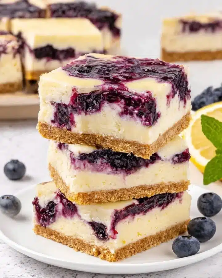 Delicious blueberry cheesecake bars topped with fresh blueberries and creamy filling.