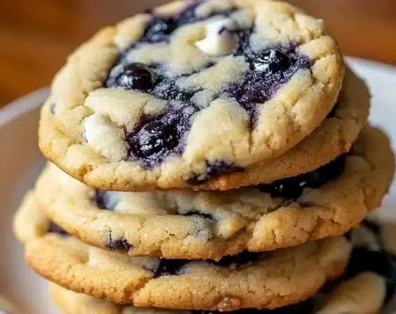 Blueberry cheesecake cookies on a plate with fresh blueberries