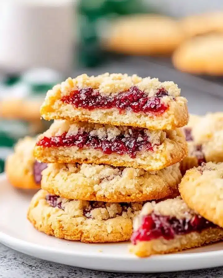 Buttery raspberry crumble cookies baked to perfection, deliciously sweet and crispy.