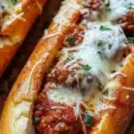 Cheesy meatball sub loaded with melted cheese and marinara sauce