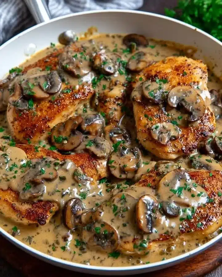 Chicken Mushroom Skillet in Creamy Asiago and Mustard Sauce