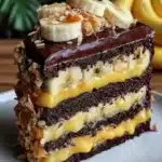 Delicious slice of chocolate banana cake topped with chocolate frosting and banana slices