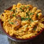 Delicious Cowboy Butter Chicken Pasta served in a bowl, garnished with herbs