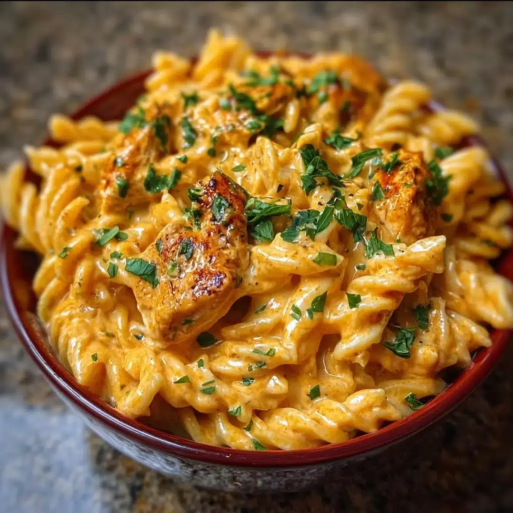 Delicious Cowboy Butter Chicken Pasta served in a bowl, garnished with herbs