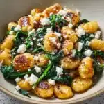 A bowl of creamy gnocchi with spinach and feta, garnished with herbs.