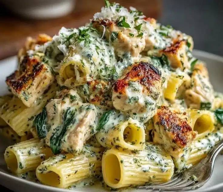 Creamy pesto chicken pasta with vibrant ingredients and rich sauce