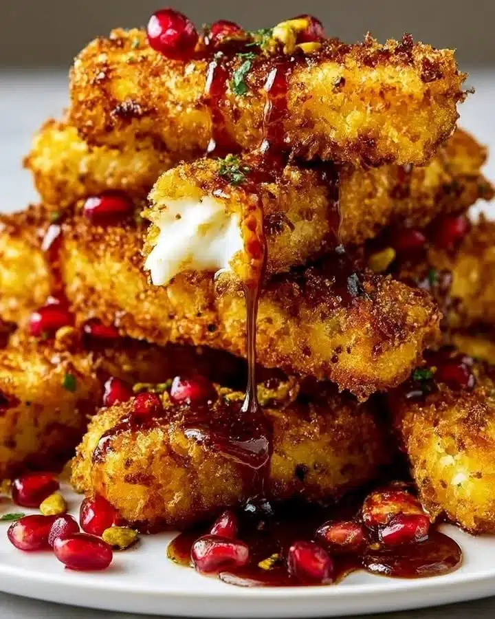 Crispy halloumi fries drizzled with pomegranate sauce on a stylish plate