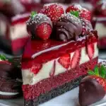 Decadent red velvet cheesecake with fresh strawberries on top.