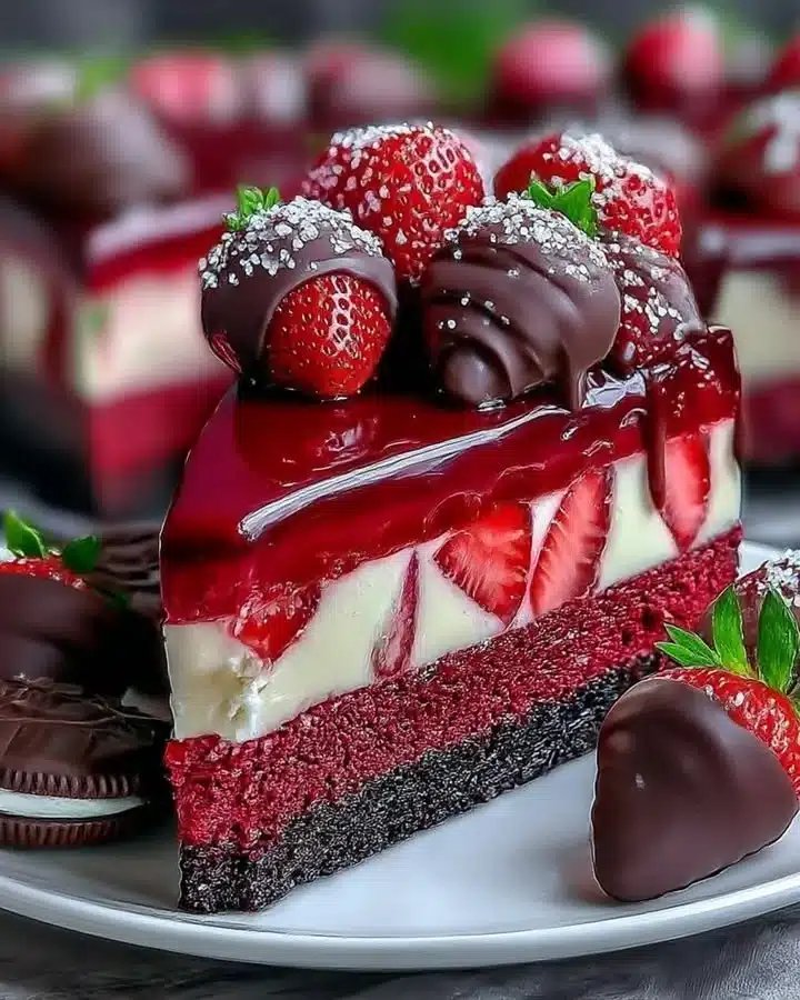 Decadent red velvet cheesecake with fresh strawberries on top.