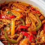 Easy Crockpot Chicken Fajitas served with colorful bell peppers and tortillas