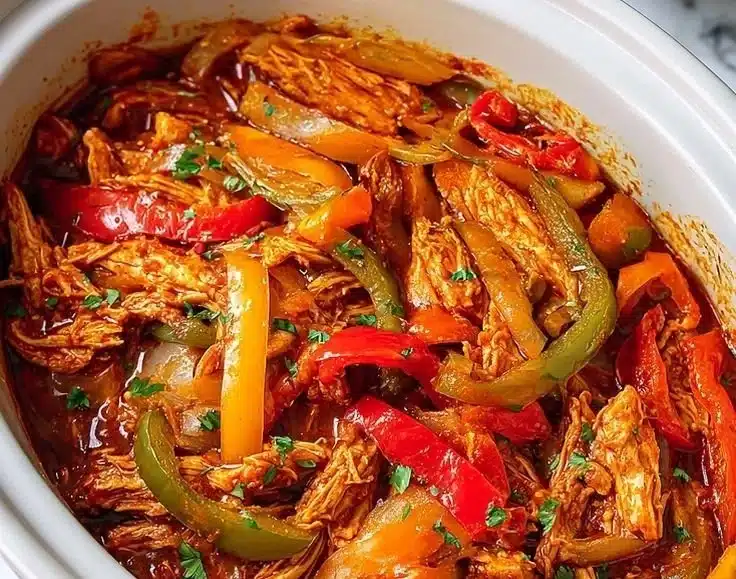 Easy Crockpot Chicken Fajitas served with colorful bell peppers and tortillas