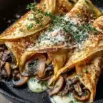 Elegant Brie and Wild Mushroom Crepe Rolls with Fresh Thyme on a plate