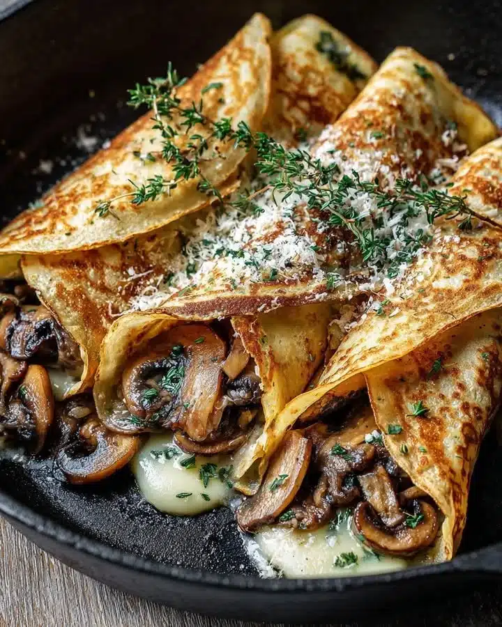 Elegant Brie and Wild Mushroom Crepe Rolls with Fresh Thyme on a plate